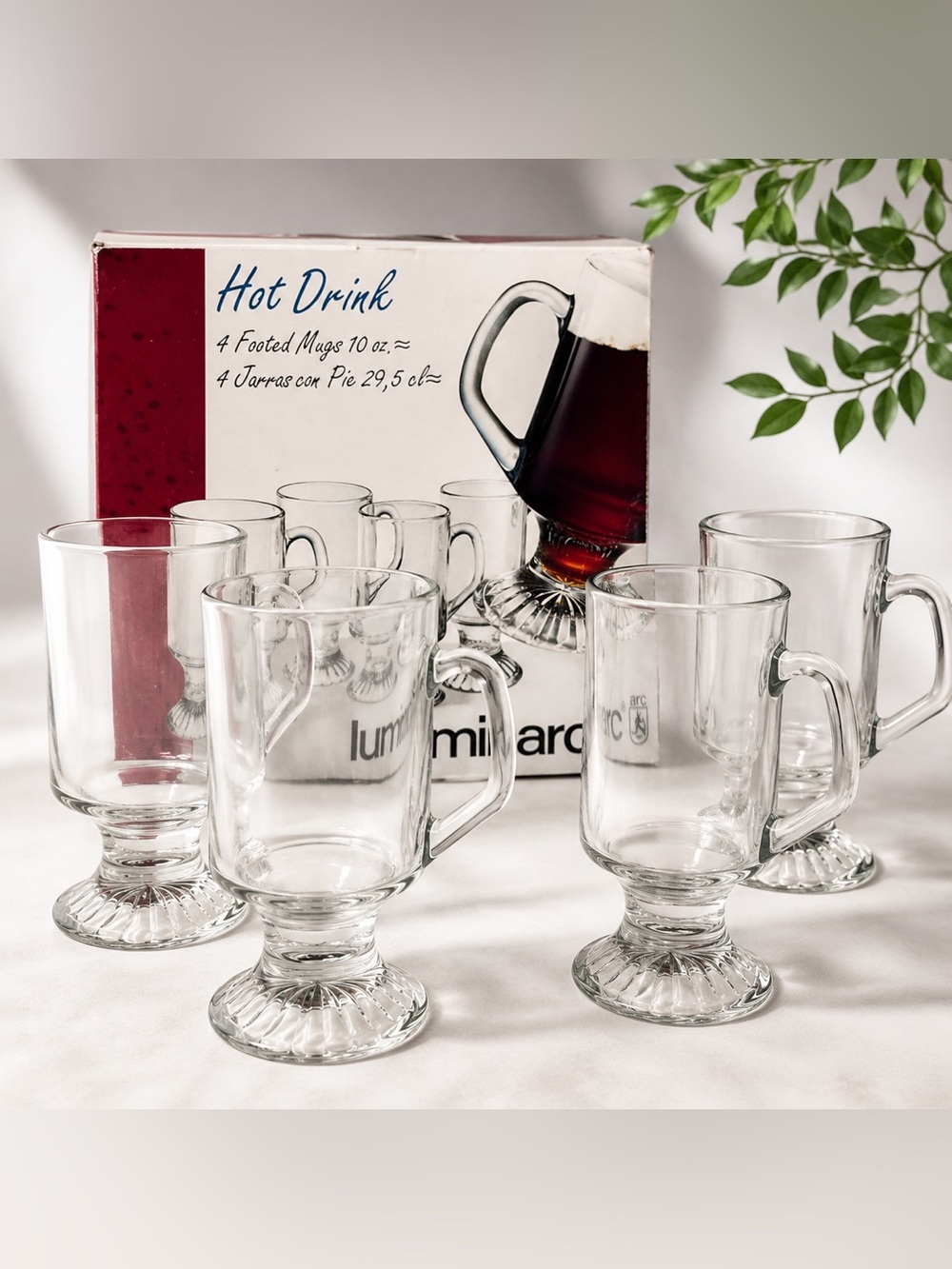 Vintage Luminarc Hot Drink Footed Glass Mug Set 4pc 10oz NIB USA 1994